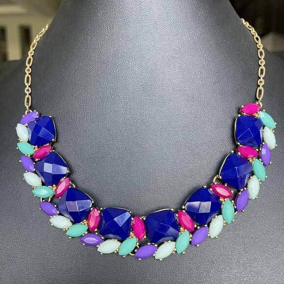 J. Crew Retired Multicolored Calypso Acrylic Rhinestone Statement Bib Necklace - Picture 2 of 5